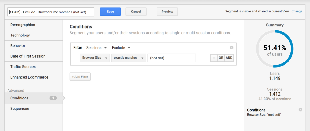 Google Analytics segment settings for Browser Size