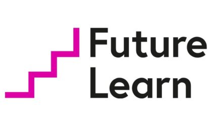 A white background. A bright pink zigzag runs across the left of the icon with the words Future Learn written in black text to the right