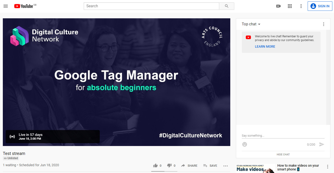 A screenshot of a YouTube live stream holding page. The live stream is a webinar called Google Tag Manager for absolute beginners. 