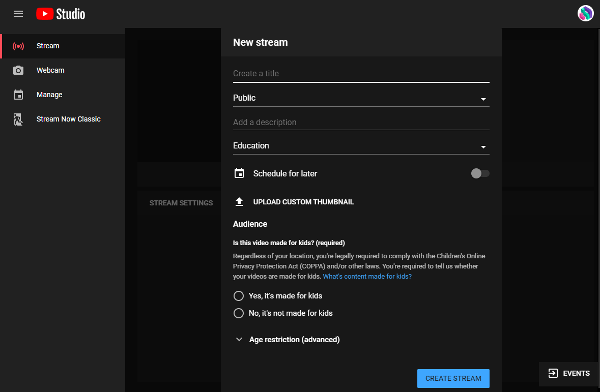 A screenshot showing how to set up a new YouTube stream