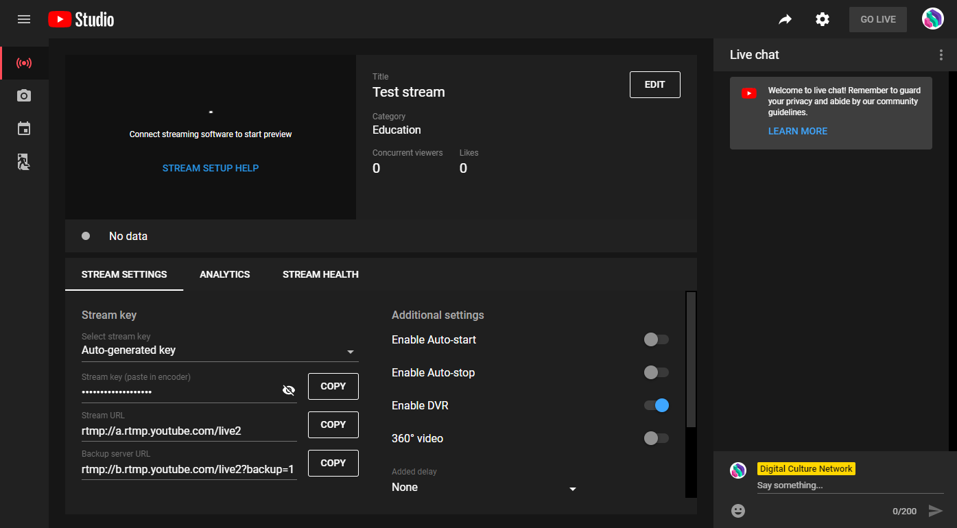 A screenshot showing the YouTube Control Room for a stream