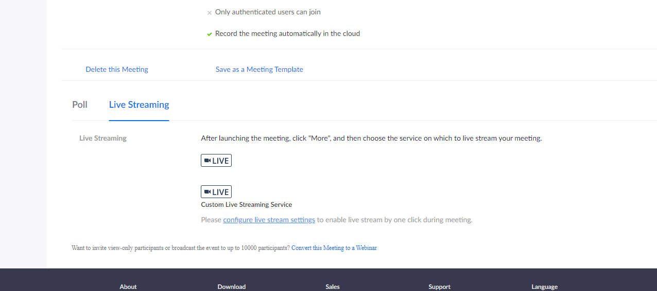 A screenshot showing the stream settings panel in a Zoom Meeting