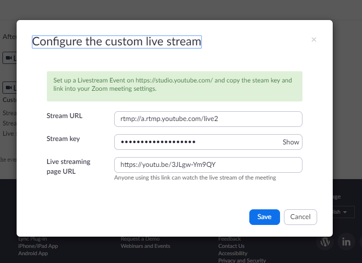 A screenshot showing the Configure the custom live stream pop-up in a Zoom Meeting