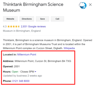 A screenshot of the Thinktank Birmingham Science Museum Google Business Profile information.