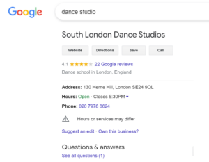 A screenshot of the South London Dance Studios Google Business Profile information.