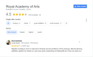 A screenshot of the reviews for Royal Academy of Arts on Google Business Profile.