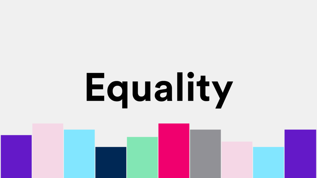 The word 'equality' written above a row of blocks in different colours.