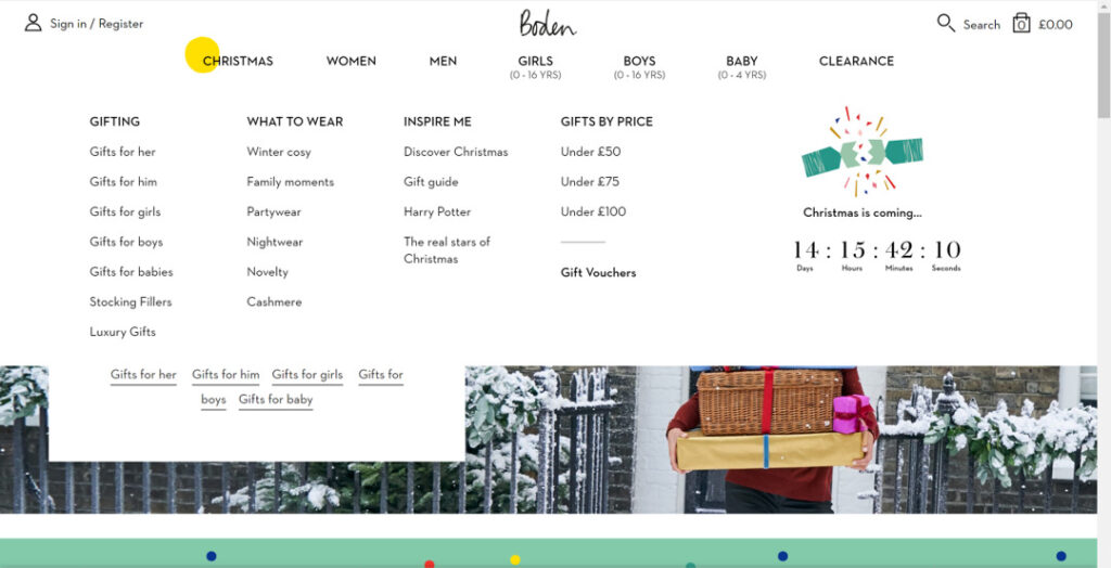 Image of the dropdown menu on the Boden website