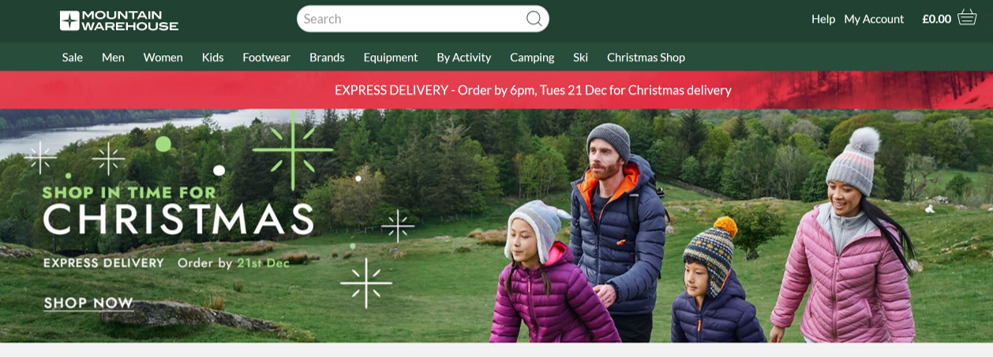 Screengrab of Mountain Warehouse website Christmas homepage