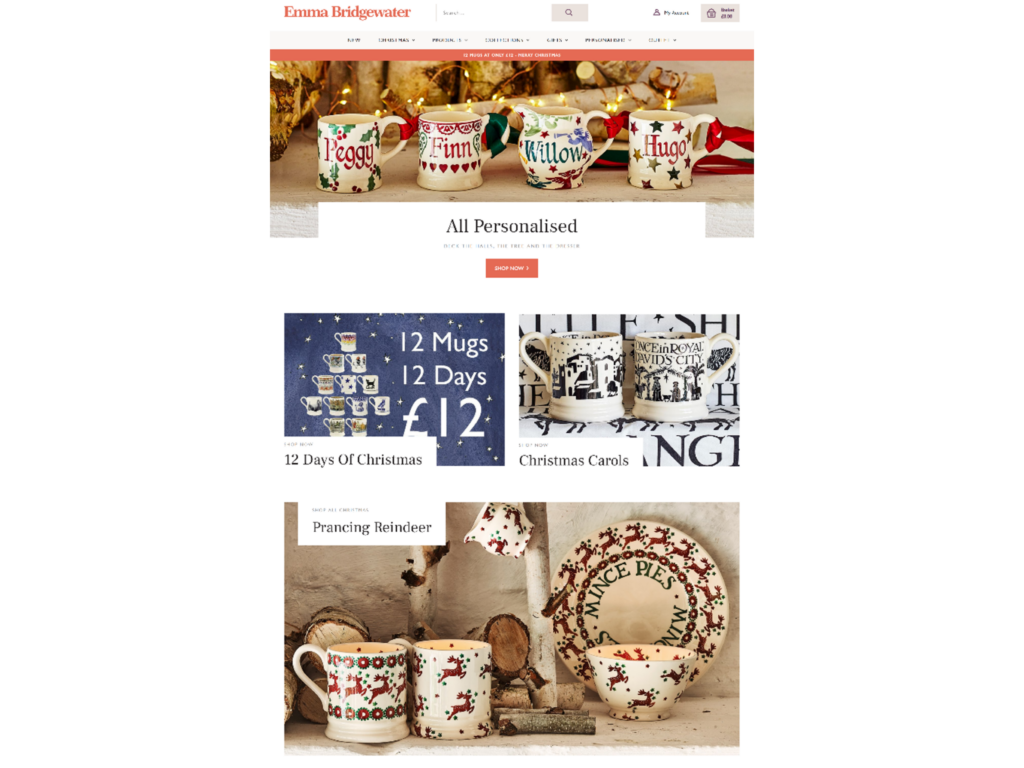 Image of festive mugs and crockery in the sale on the Emma Bridgewater website