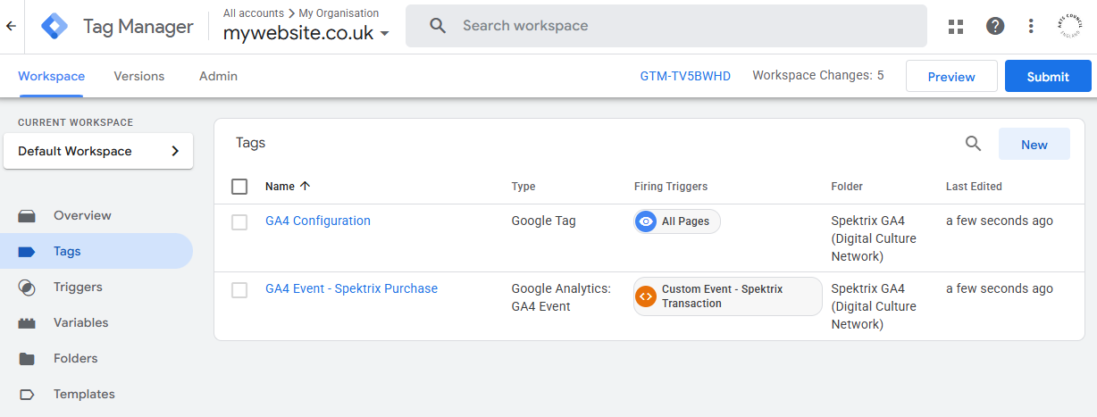 The Google Tag Manager interface with tags for GA4 and Spektrix purchase