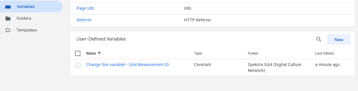 Google Tag Manager Variables interface