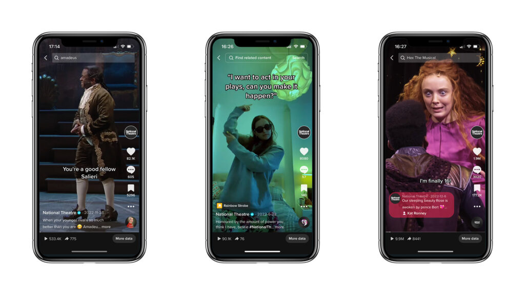 A graphic featuring 3 mobile phone screens in a row. Each of them shows a screenshot of a TikTok video. From left to right: 1. A man in Shakespeare era clothing on stage. Caption text "You're a good fellow Salieri". 2.  A young woman wearing a tracksuit and sunglasses dances in a bedroom. Caption text "I want to act in your plays, can you make that happen?". 3. A young woman with red curly hair stares wide-eyed at young man in front of her. Caption text: “I’m finally 16!”.