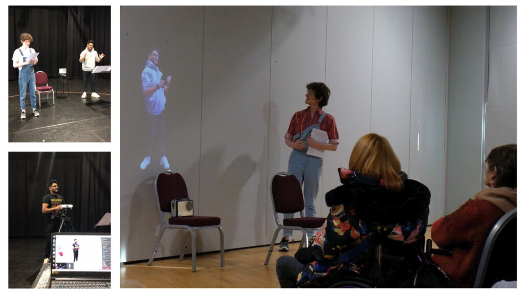 3 photos show the process of the DaDa holograms R&D project. From left to right: Pic 1 shows 2 people rehearsing in a theatre space. One is reading from the script and the other is interpreting it into BSL. Pic 2 shows the interpreter on their own in the same space, being filmed. We see the recording on a laptop screen in the forefront. Pic 3 shows the actor to the right and a hologram of the interpreter to the left. They are performing and are watched by a small audience. 