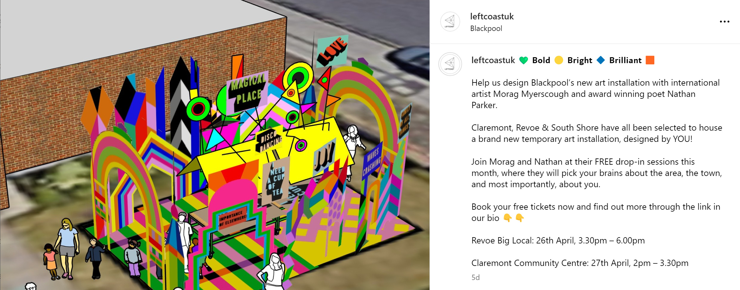 A LeftCoast post on Instagram from April 2023. The image shoss a colourful graphic imagination of an art installation in a public place. The text invites people to attendee a drop-in session with the installation artists so the public can consult on the planning of the work.