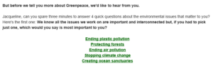 Example from an email from Greenpeace informing their persona profiling and segmentation.