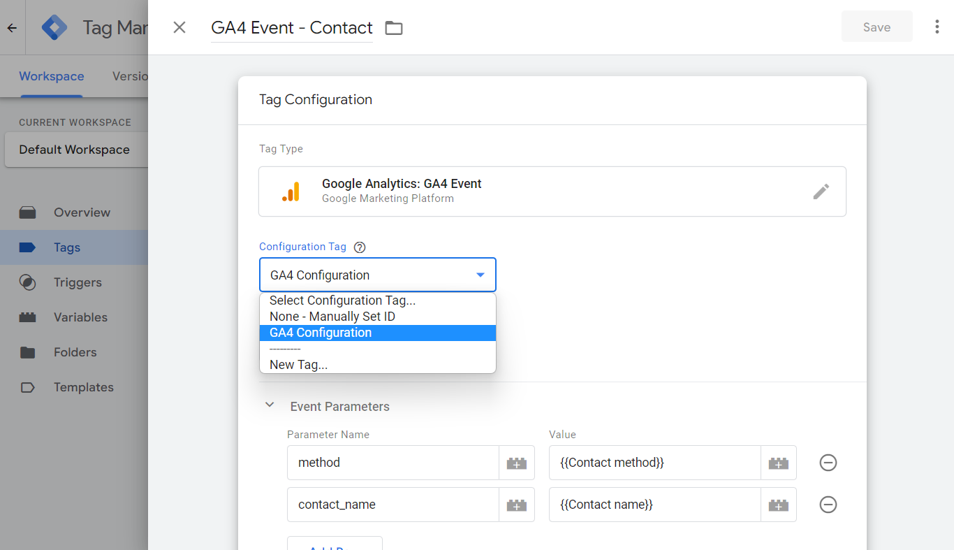 Google Tag Manager settings for Contact Event Tag