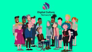 An animated group of people with a green background and 'Digital Culture Network' written at the top.