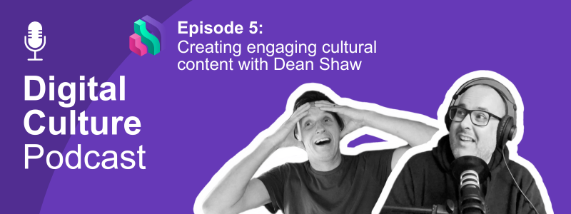 Purple Digital Culture Podcast graphic showing cut out photos of two men looking left in shock.