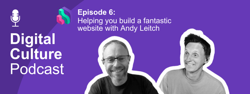 Two white men in cutout with podcast episode title