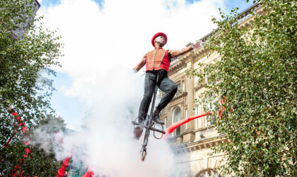 Events A person can be seen flying in the air on a pogo stick.