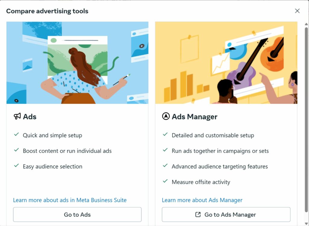 Advertising tools comparison infographic from Meta showing the differences between ads and ads manager