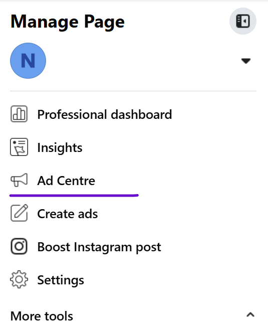 Screengrab of Meta ad manager page with the words 'Ad Centre' underlined.