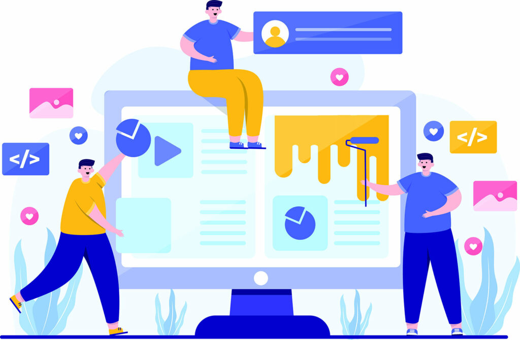 Illustration showing three people literally building a website, using pain rollers etc to paint the website onto a computer screen.