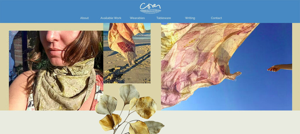 Screengrab of a webpage, showing logo in a pale blue banner at the top of the page with the word 'Cori'' and below three boxed of images of different sizes. Box to the left shows part of a woman's face and scarf, middle image shows her flowing dress and box to the right shows fabric flowing, the sky and two hands about to touch.