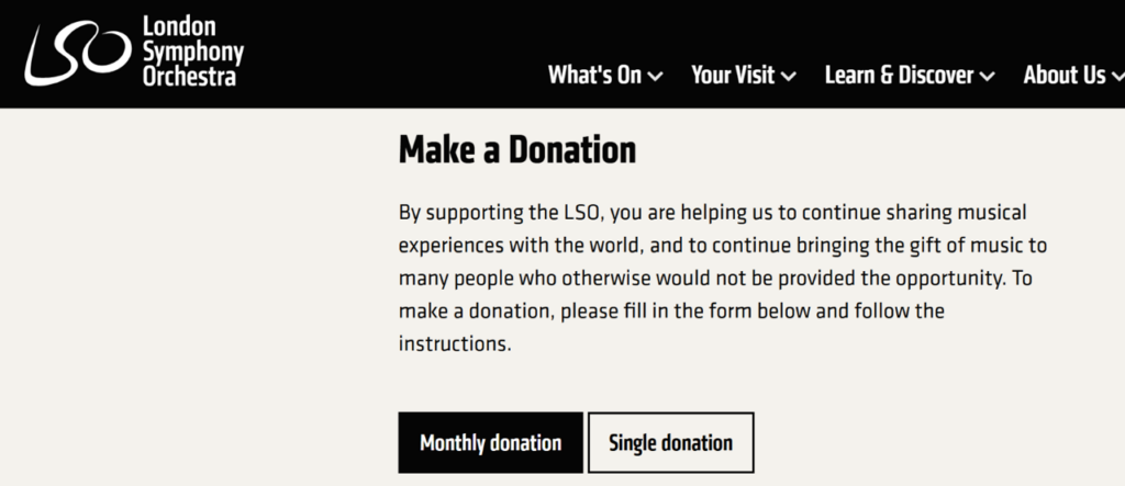 Screengrab of London Symphony Orchestra website 'make a donation' page