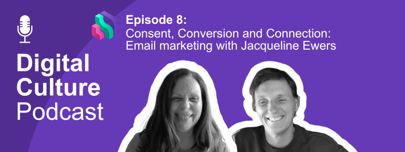 A white woman and man in cutout with podcast episode title