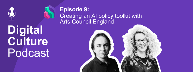 A white man and woman in cutout with podcast episode title