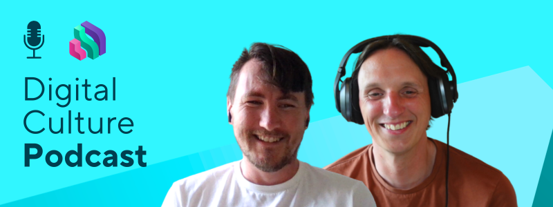 Blue graphic featuring the Digital Culture Podcast and Digital Culture Network logos. Also featured is a headshot of Adam Koszary smiling at the camera, he has dark brown hair and a white t shirt. 